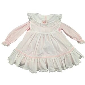 Vtg Bryan Baby Girl Pinafore Pink Lace Collar Long Sleeve Ruffle Vday Dress 24M